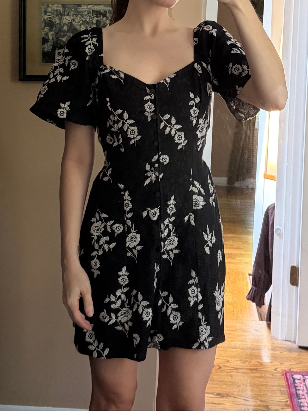 Abercrombie Floral Square-Neck Black Dress with Puff Sleeves, size XS petite